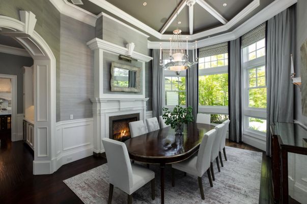 Dining room, Fireplace, Interior, Pendant Lights, Recessed Lighting, Wood Texture Flooring