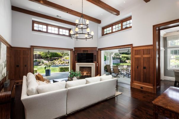 Chandelier, Dining room, Fireplace, Interior, Living room, Recessed Lighting, Wooden Beams, Wood Texture Flooring