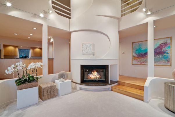 Fireplace, Interior, Pendant Lights, Recessed Lighting, Wood Texture Flooring