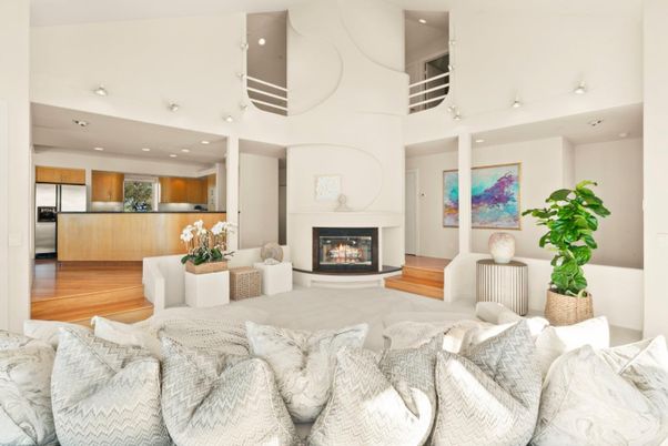 Fireplace, Interior, Kitchen, Living room, Recessed Lighting, Stainless Steel Appliances, Wood Texture Flooring
