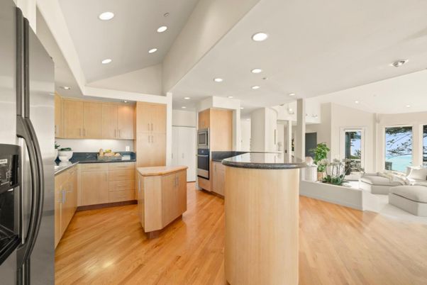 Interior, Kitchen, Living room, Recessed Lighting, Stainless Steel Appliances, Wood Texture Flooring