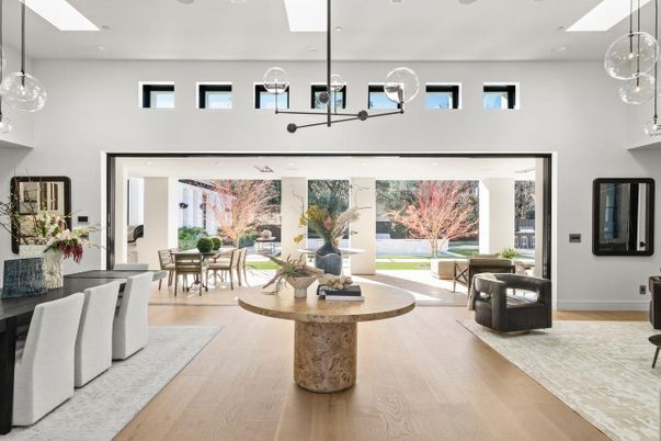 Dining room, Interior, Pendant Lights, Recessed Lighting, Wood Texture Flooring