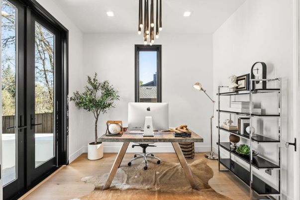 Home Office, Interior, Pendant Lights, Recessed Lighting, Wood Texture Flooring