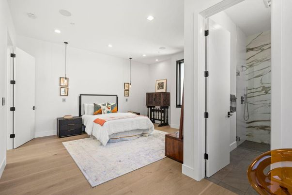 Bedroom, Interior, Pendant Lights, Recessed Lighting, Wood Texture Flooring