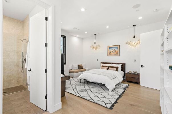Bathroom, Bedroom, Glass Shower, Interior, Pendant Lights, Recessed Lighting, Wood Texture Flooring