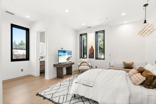 Bedroom, Interior, Pendant Lights, Recessed Lighting, Wood Texture Flooring