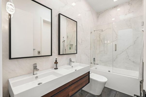 Bathroom, Dual Sink Vanities, Glass Shower, Interior, Marble Walls