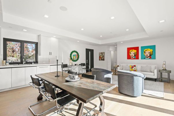 Dining room, Interior, Living room, Recessed Lighting, Wood Texture Flooring