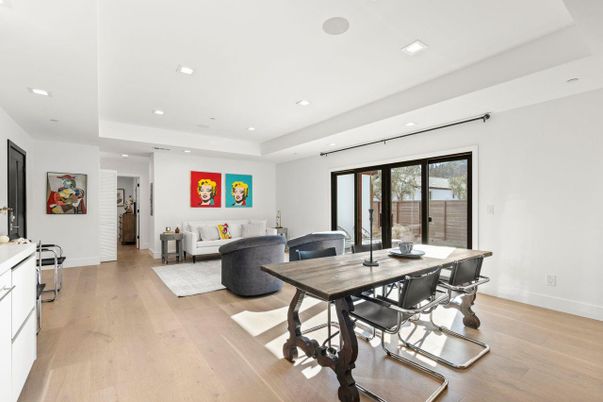 Dining room, Interior, Living room, Recessed Lighting, Wood Texture Flooring