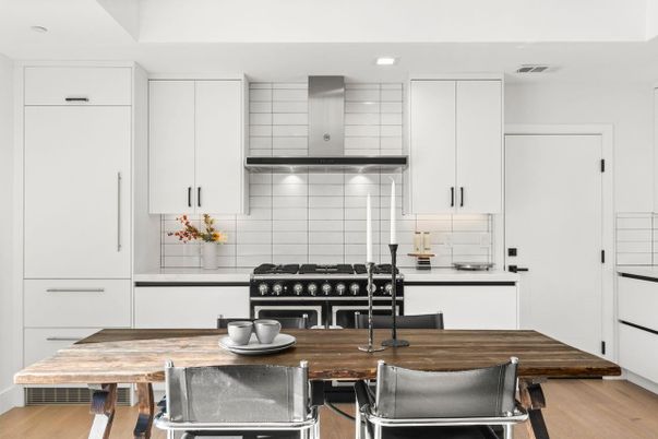 Dining room, Interior, Kitchen, Recessed Lighting, Stainless Steel Appliances, Wood Texture Flooring