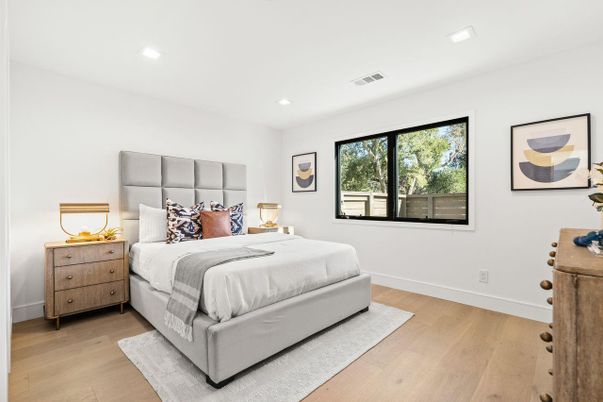 Bedroom, Interior, Recessed Lighting, Wood Texture Flooring