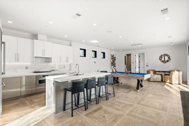 Billiard Table, Game Room, Interior, Kitchen, Recessed Lighting, Stainless Steel Appliances, Wood Texture Flooring