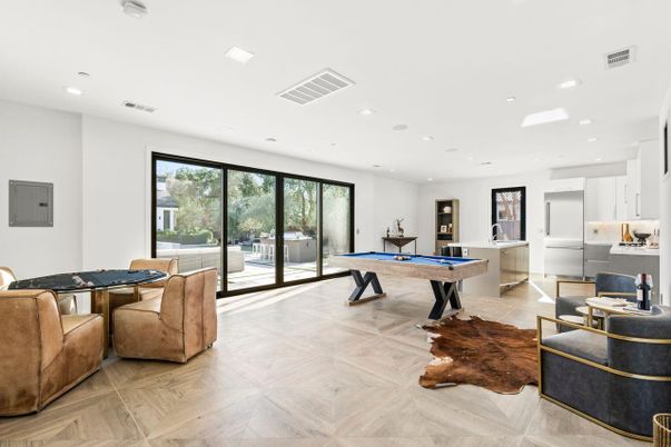Billiard Table, Game Room, Interior, Living room, Recessed Lighting, Wood Texture Flooring