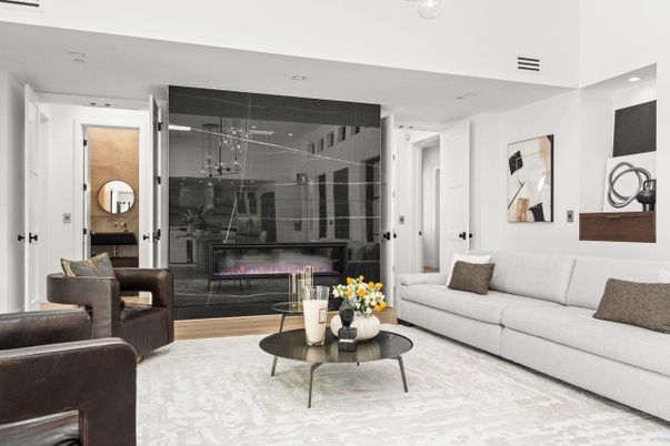 Fireplace, Interior, Living room, Recessed Lighting, Wood Texture Flooring