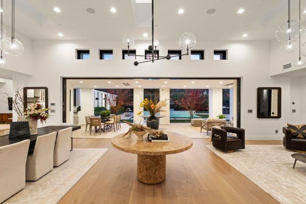 Dining room, Interior, Living room, Pendant Lights, Recessed Lighting, Wood Texture Flooring