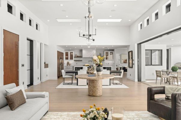 Dining room, Interior, Kitchen, Marble Walls, Pendant Lights, Recessed Lighting, Wood Texture Flooring