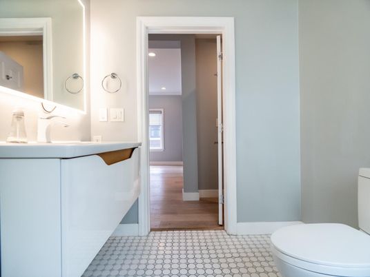 Bathroom, Interior, Recessed Lighting, Wood Texture Flooring