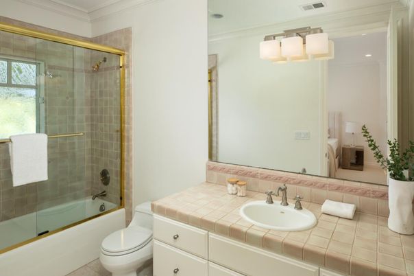 Bathroom, Glass Shower, Interior, Recessed Lighting, Tile Countertops