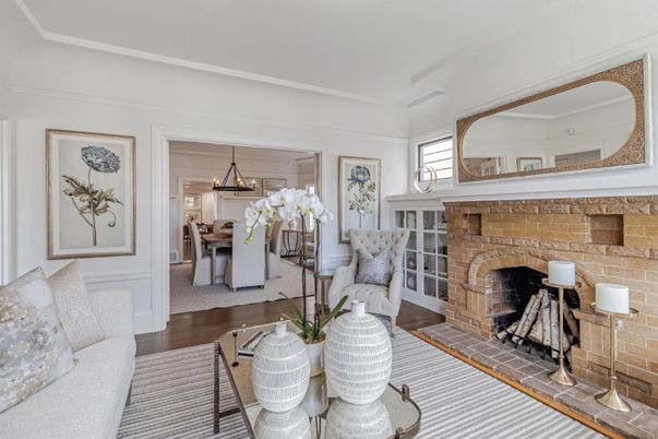 Dining room, Fireplace, Interior, Pendant Lights, Stone Walls, Wood Texture Flooring