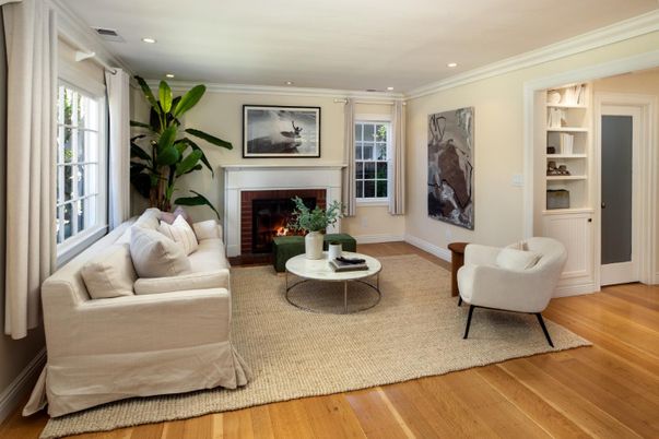 Fireplace, Interior, Living room, Recessed Lighting, Wood Texture Flooring