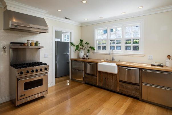 Interior, Kitchen, Recessed Lighting, Stainless Steel Appliances, Wood Texture Flooring