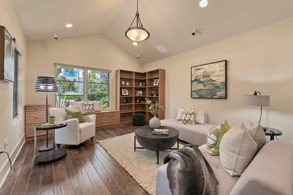 Interior, Living room, Pendant Lights, Recessed Lighting, Wood Texture Flooring