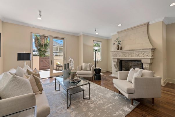Fireplace, Interior, Living room, Recessed Lighting, Wood Texture Flooring