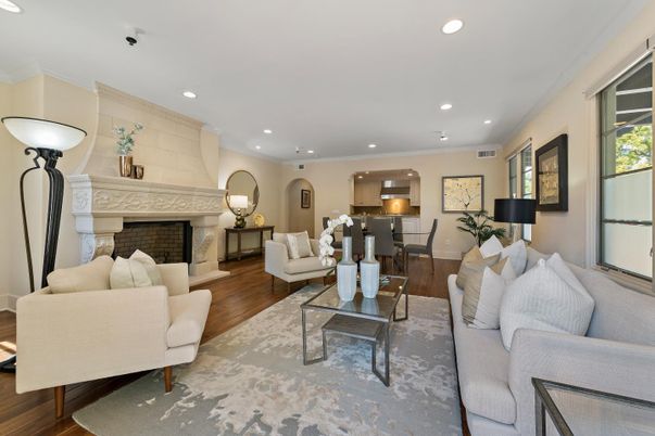 Dining room, Fireplace, Interior, Living room, Recessed Lighting, Wood Texture Flooring