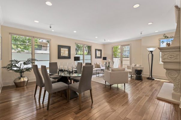 Dining room, Interior, Living room, Recessed Lighting, Wood Texture Flooring