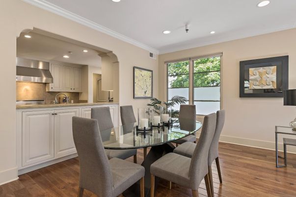 Dining room, Interior, Kitchen, Recessed Lighting, Stainless Steel Appliances, Wood Texture Flooring