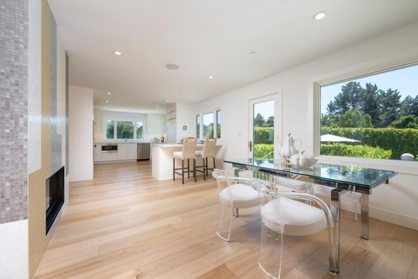 Dining room, Fireplace, Interior, Kitchen, Recessed Lighting, Wood Texture Flooring
