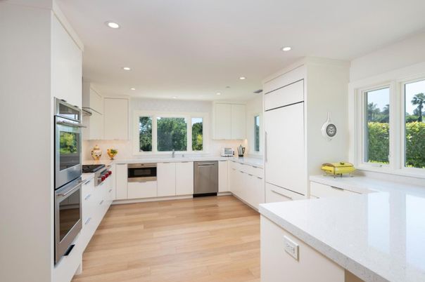 Interior, Kitchen, Recessed Lighting, Stainless Steel Appliances, Wood Texture Flooring