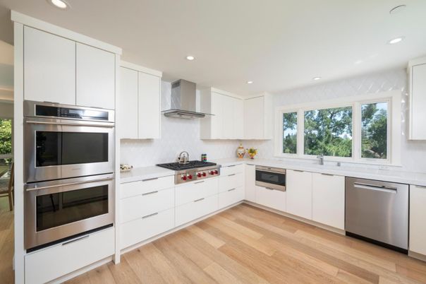 Interior, Kitchen, Recessed Lighting, Stainless Steel Appliances, Wood Texture Flooring