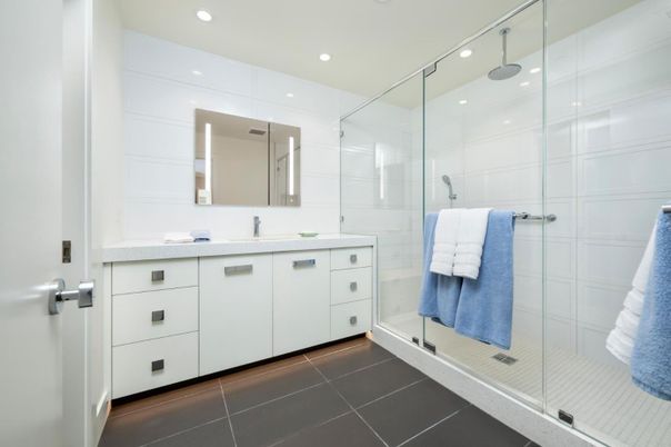 Bathroom, Glass Shower, Interior, Recessed Lighting