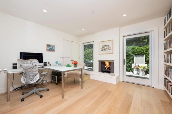 Fireplace, Home Office, Interior, Recessed Lighting, Wood Texture Flooring