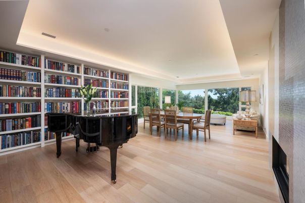 Dining room, Interior, Piano, Recessed Lighting, Wood Texture Flooring