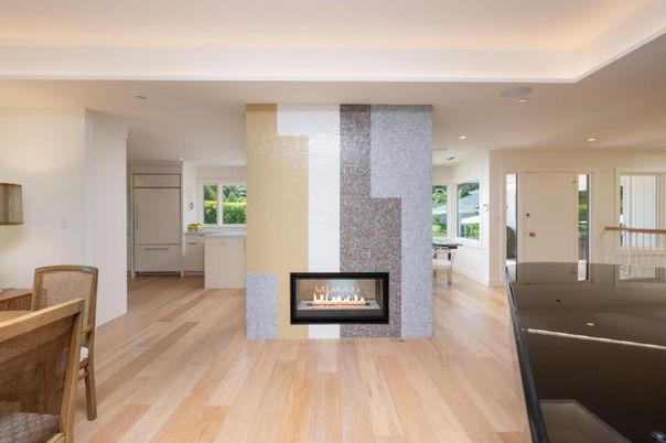 Fireplace, Interior, Kitchen, Recessed Lighting, Wood Texture Flooring