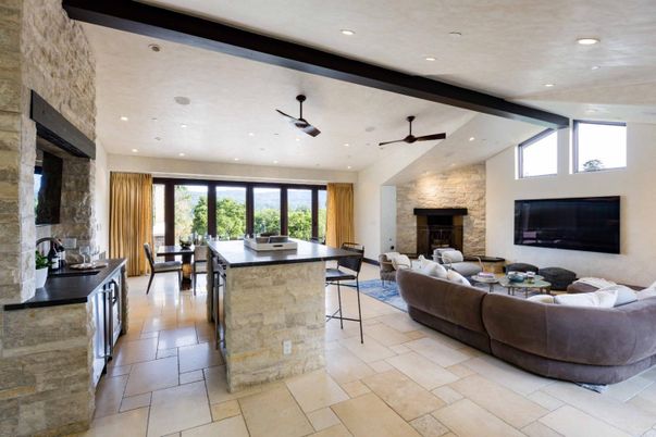Dining room, Fireplace, Interior, Living room, Recessed Lighting, Stone Walls