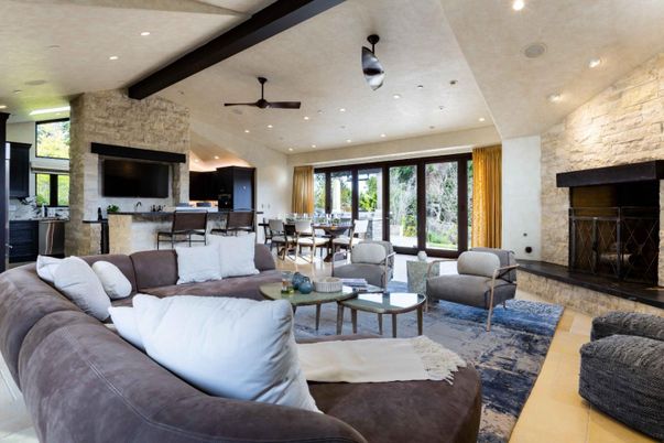 Dining room, Fireplace, Interior, Kitchen, Living room, Recessed Lighting, Stone Walls, Wooden Beams