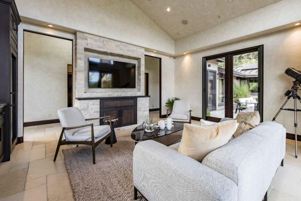 Fireplace, Interior, Living room, Recessed Lighting, Stone Walls