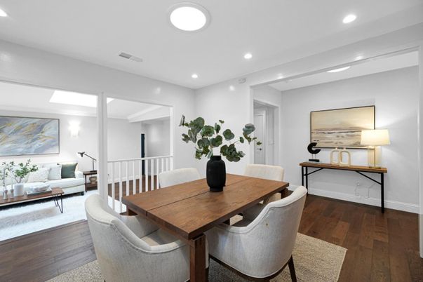 Dining room, Interior, Living room, Recessed Lighting, Wood Texture Flooring