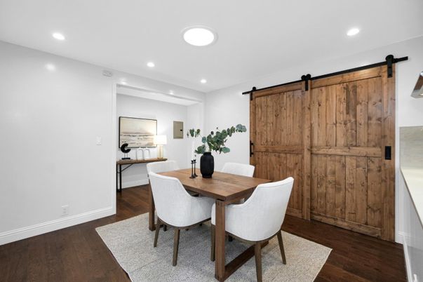 Dining room, Interior, Recessed Lighting, Wood Texture Flooring
