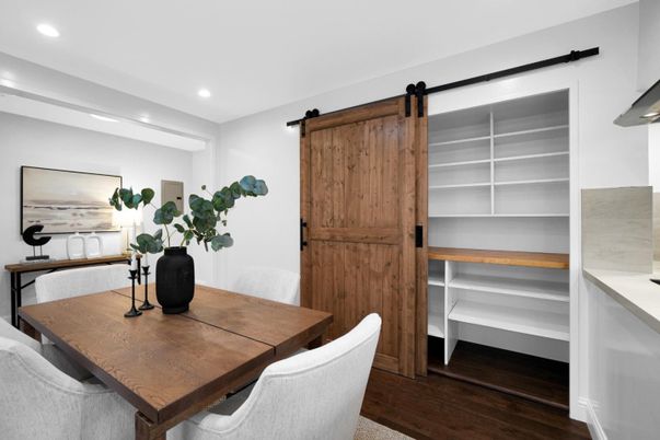 Dining room, Interior, Recessed Lighting, Wood Texture Flooring