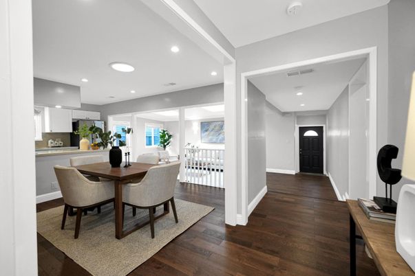 Dining room, Interior, Kitchen, Recessed Lighting, Wood Texture Flooring