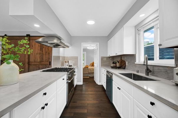 Interior, Kitchen, Recessed Lighting, Stainless Steel Appliances, Wood Texture Flooring