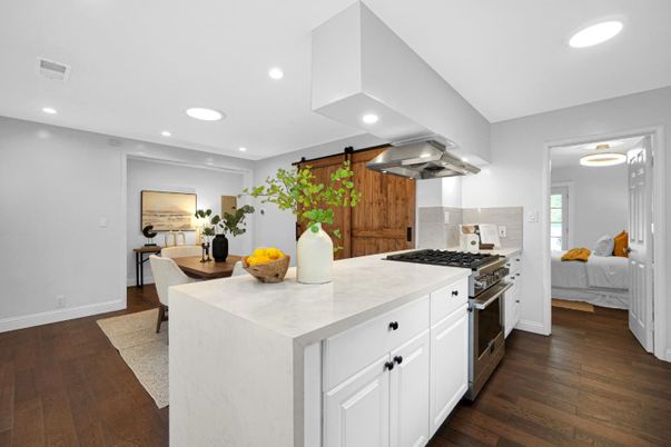 Bedroom, Dining room, Interior, Kitchen, Recessed Lighting, Stainless Steel Appliances, Wood Texture Flooring