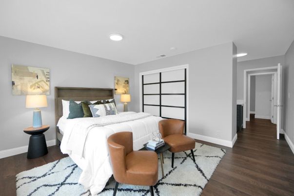 Bedroom, Interior, Recessed Lighting, Wood Texture Flooring