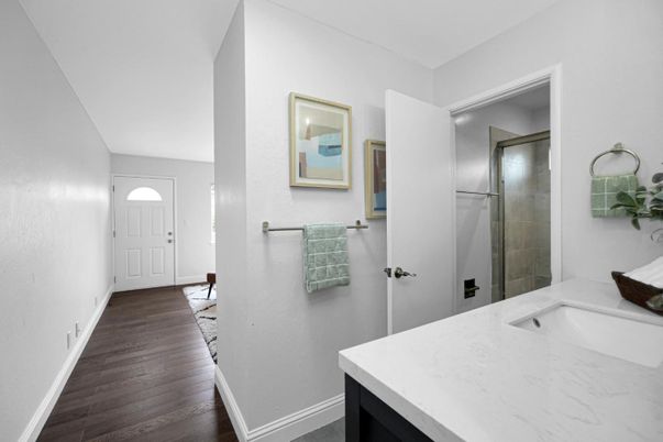Bathroom, Glass Shower, Interior, Wood Texture Flooring