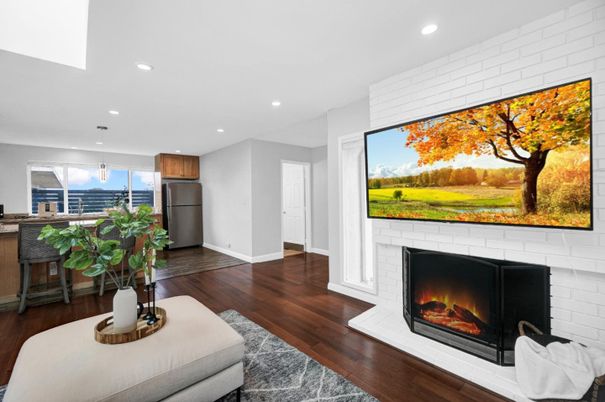 Fireplace, Interior, Kitchen, Pendant Lights, Recessed Lighting, Stainless Steel Appliances, Wood Texture Flooring