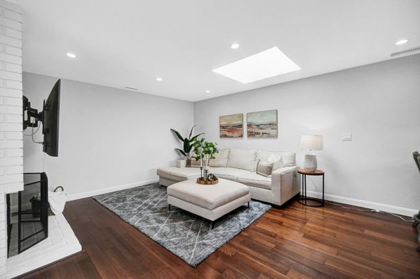 Fireplace, Interior, Living room, Recessed Lighting, Wood Texture Flooring